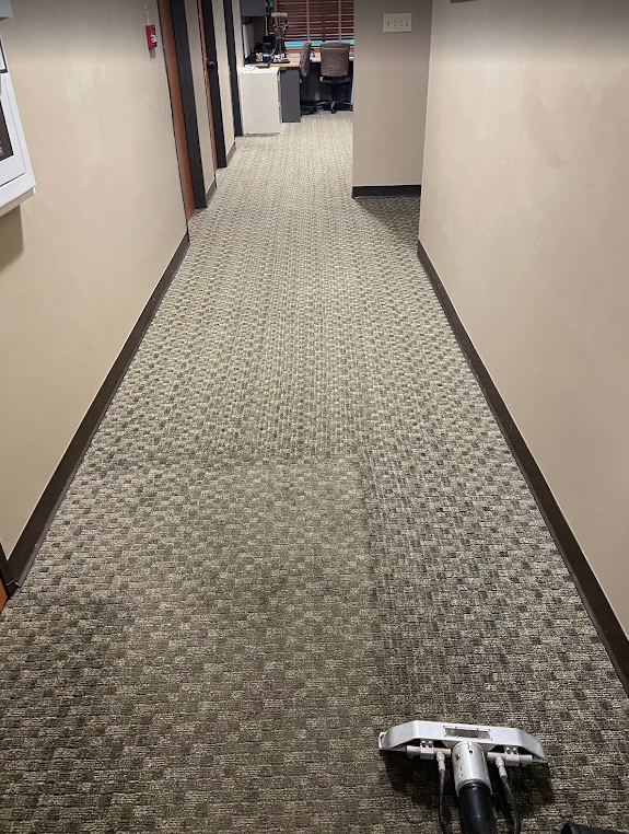 Half-cleaned office hallway carpet showing the difference after steam extraction