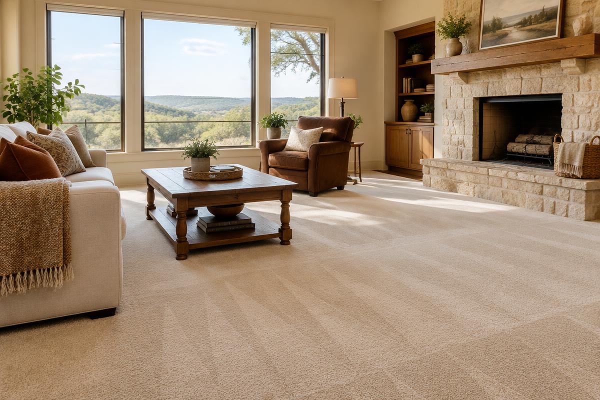 Freshly steam-cleaned carpet in a sunlit Hill Country living room